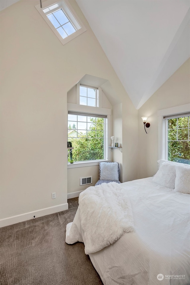 carpeted bedroom with high vaulted ceiling