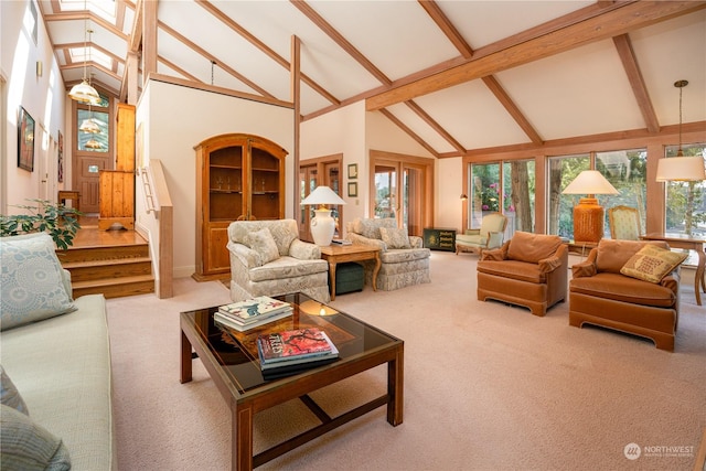 carpeted living room featuring high vaulted ceiling and beamed ceiling