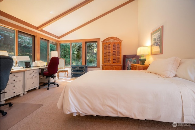 bedroom with high vaulted ceiling, light carpet, and beamed ceiling