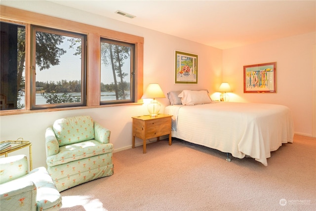 carpeted bedroom with a water view, visible vents, and baseboards