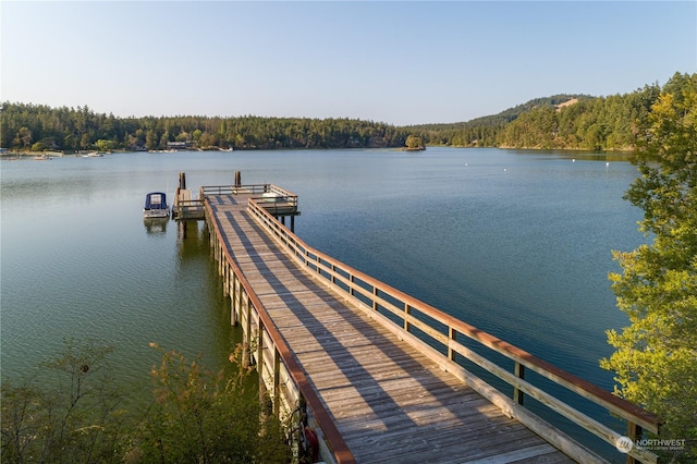 view of dock featuring a water view and a forest view