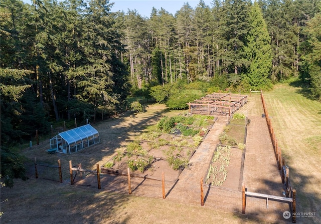 bird's eye view with a wooded view