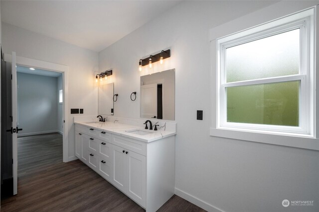 bathroom with double sink vanity and hardwood / wood-style flooring