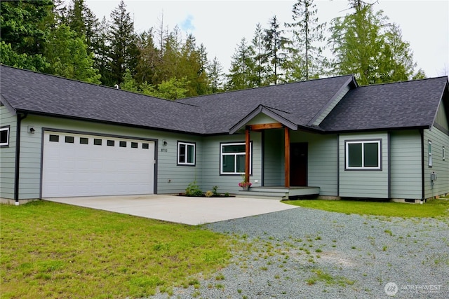 8710 Trillium Ln, Concrete, WA 98237 - single story home featuring driveway, roof with shingles, an attached garage, and a front lawn