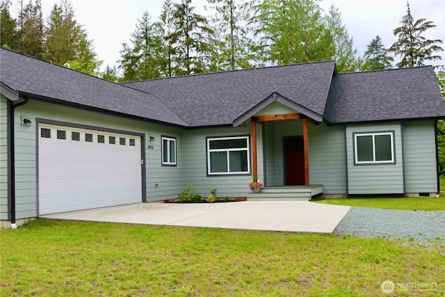 8710 Trillium Ln, Concrete, WA 98237 - view of front facade with roof with shingles, an attached garage, a front yard, and concrete driveway
