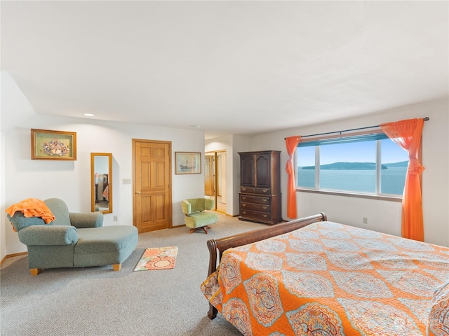 bedroom with light colored carpet