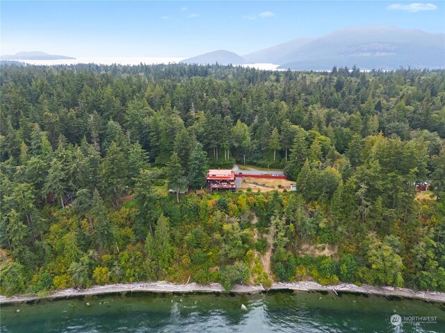 bird's eye view featuring a water and mountain view