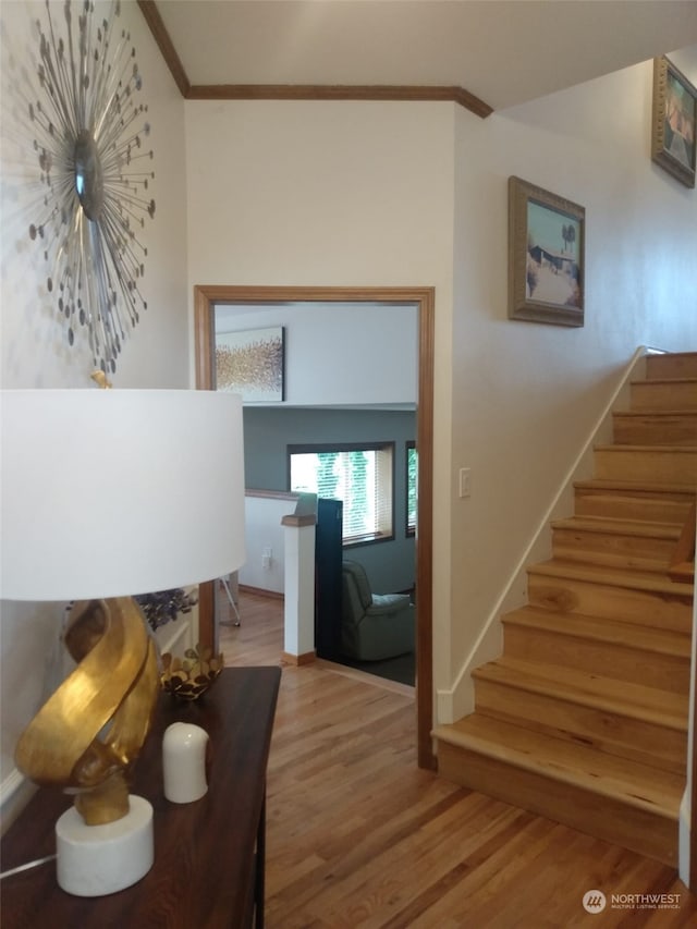 interior space with light hardwood / wood-style floors and crown molding