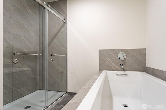 full bathroom featuring a stall shower and a freestanding tub