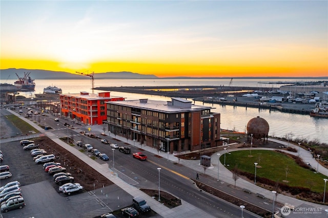 birds eye view of property featuring a water and mountain view