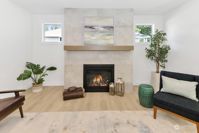 living area with a tiled fireplace and wood finished floors