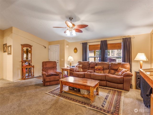 living room featuring ceiling fan and light carpet