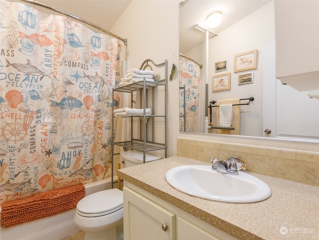 full bathroom with shower / bathtub combination with curtain, toilet, and vanity