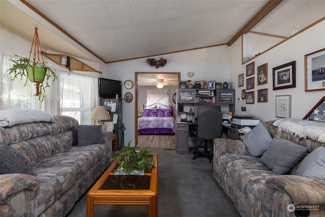 living room with carpet, vaulted ceiling, and a textured ceiling