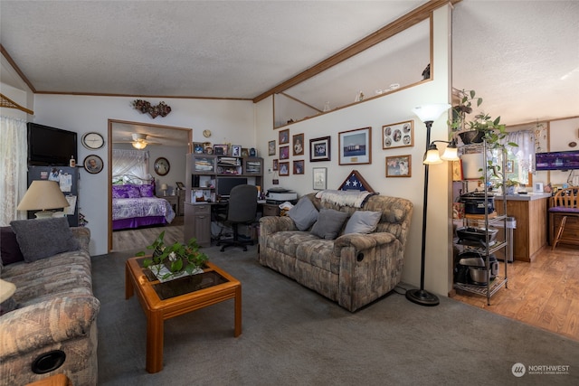 living room with ceiling fan, vaulted ceiling, wood-type flooring, and a textured ceiling