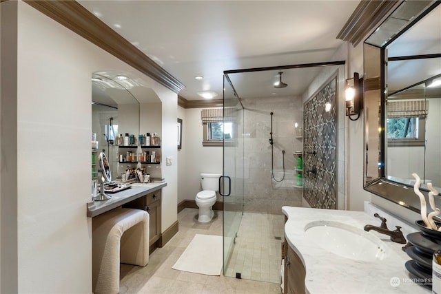 bathroom with walk in shower, vanity, plenty of natural light, and toilet