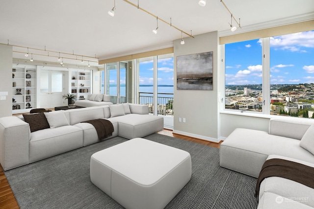 living room with dark hardwood / wood-style floors, built in shelves, track lighting, and a water view