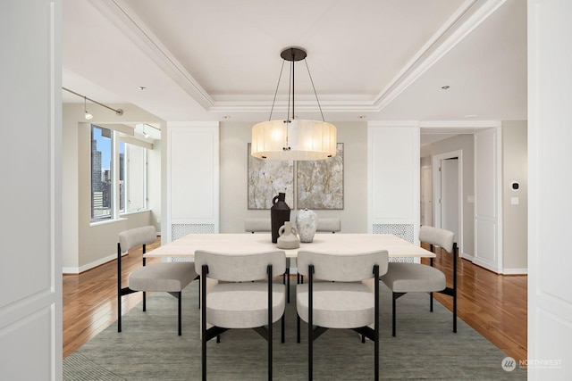 dining area with a tray ceiling, wood finished floors, and baseboards