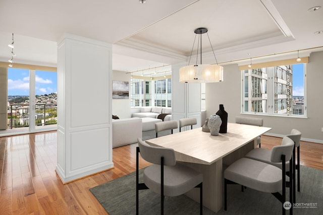 dining room with a view of city, crown molding, a raised ceiling, light wood-type flooring, and baseboards