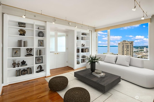 living room with french doors, a water view, plenty of natural light, and wood finished floors