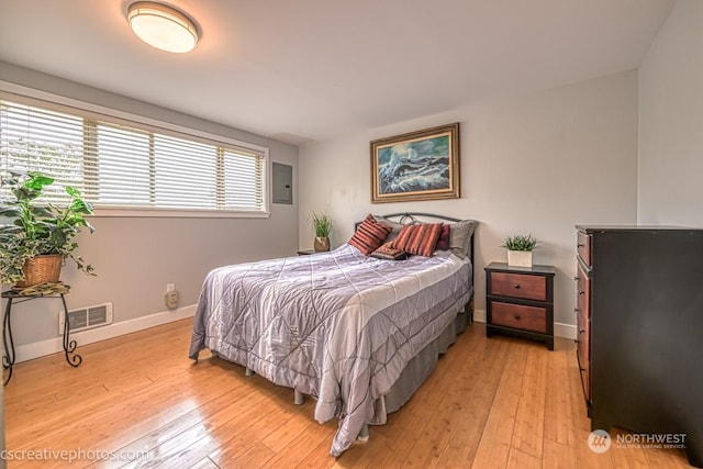 bedroom with electric panel, visible vents, baseboards, and light wood finished floors