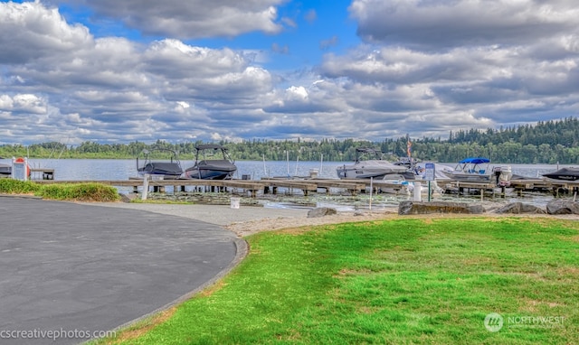 dock area featuring a yard and a water view