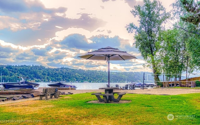 view of property's community featuring a view of trees, a lawn, a dock, and volleyball court