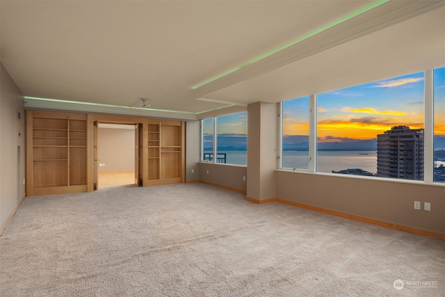 unfurnished bedroom with carpet flooring and a water view