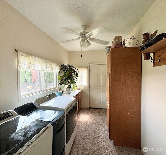 kitchen with carpet flooring, ceiling fan, and separate washer and dryer