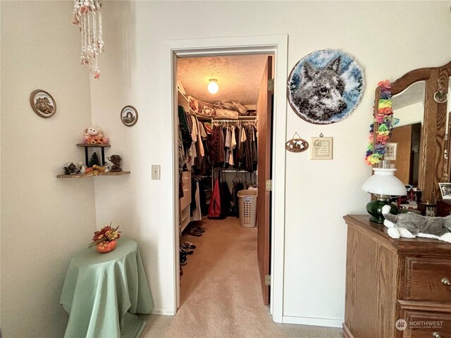 hall featuring a textured ceiling and light colored carpet