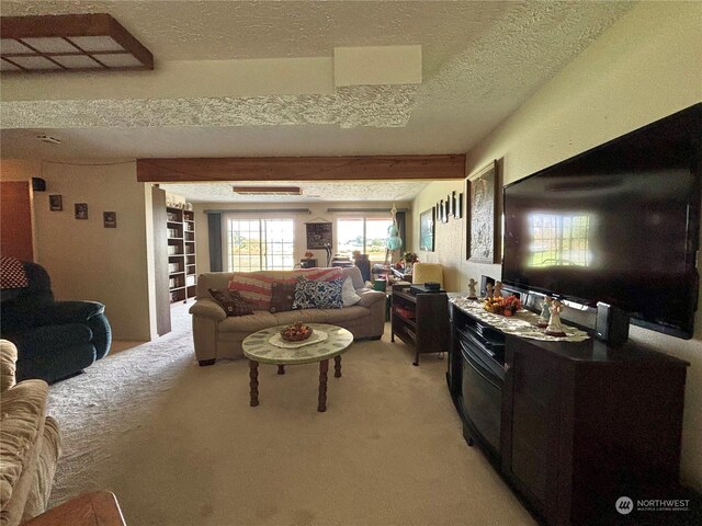 carpeted living room featuring a textured ceiling