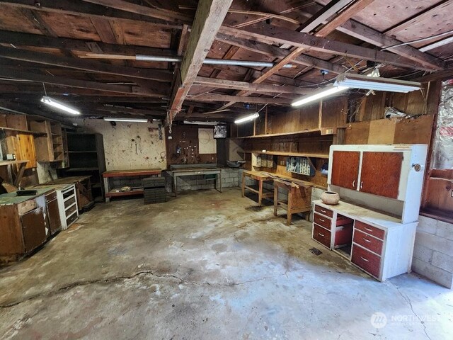 basement with a workshop area