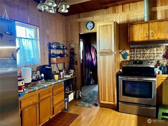 kitchen featuring brown cabinets, light wood finished floors, appliances with stainless steel finishes, wood walls, and under cabinet range hood