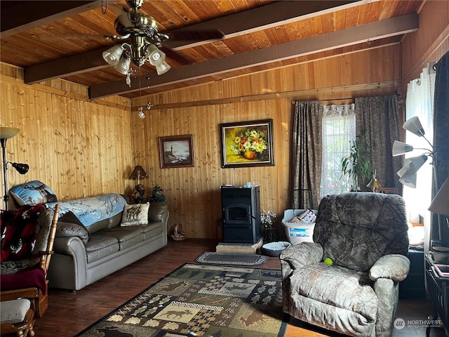 living room with a wood stove, wooden ceiling, wooden walls, and wood finished floors