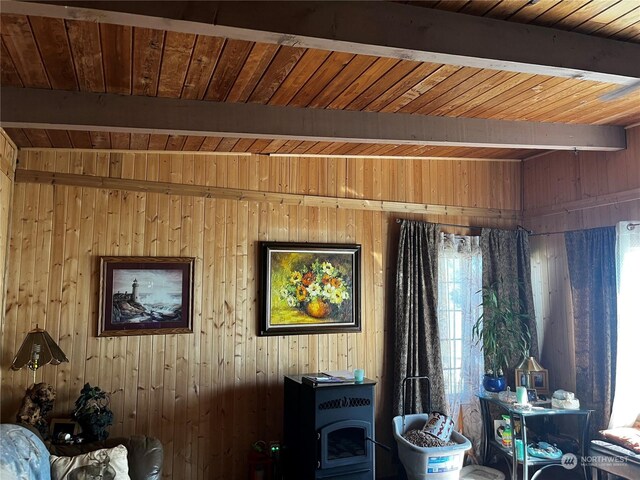 interior space with wood ceiling, beam ceiling, multiple windows, and wood walls