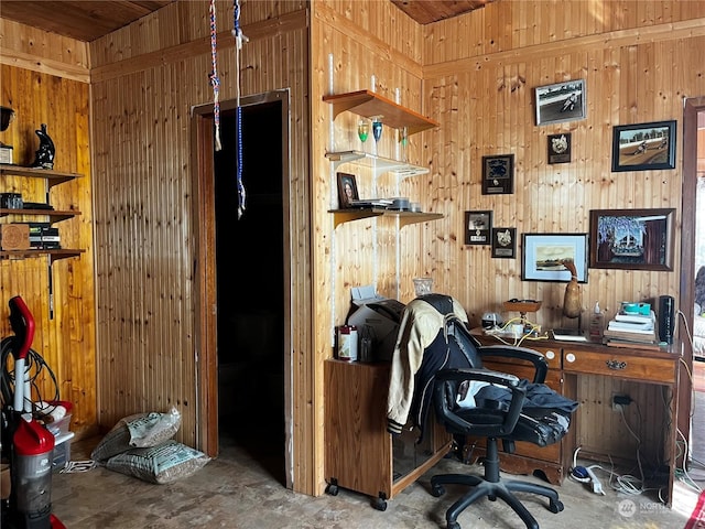 office area with wooden walls