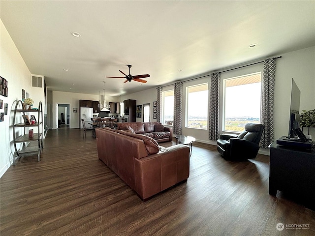 living room with ceiling fan and dark hardwood / wood-style floors