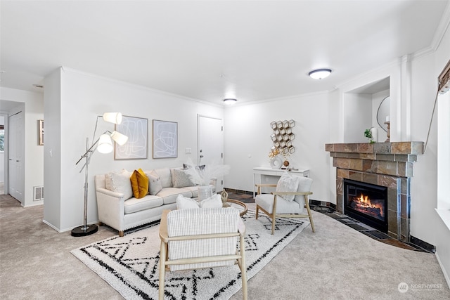 carpeted living room featuring ornamental molding