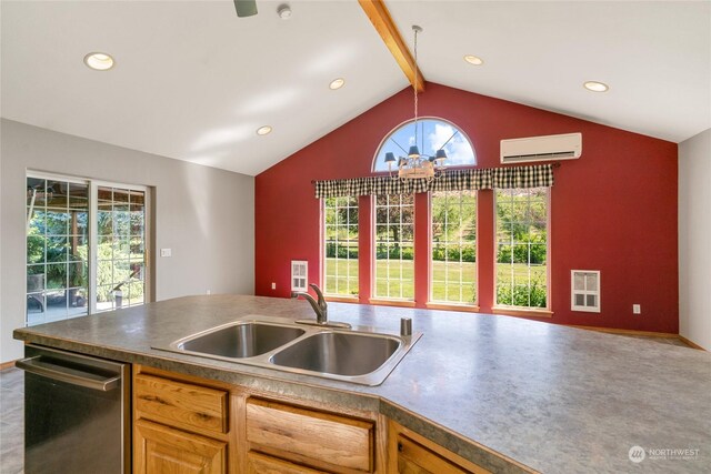 kitchen featuring dark countertops, lofted ceiling with beams, a sink, stainless steel dishwasher, and a wall mounted AC