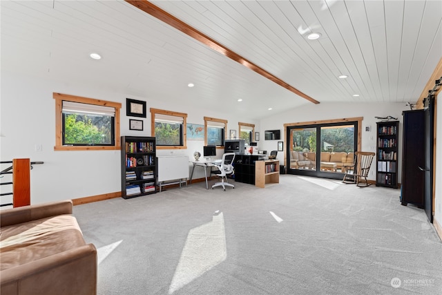 home office featuring light carpet, wooden ceiling, and lofted ceiling with beams