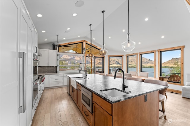 kitchen with white cabinetry, a wealth of natural light, a center island with sink, and sink