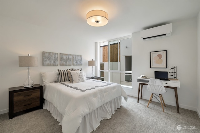 bedroom with light carpet and an AC wall unit