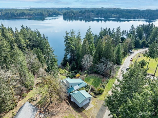 bird's eye view with a water view and a wooded view