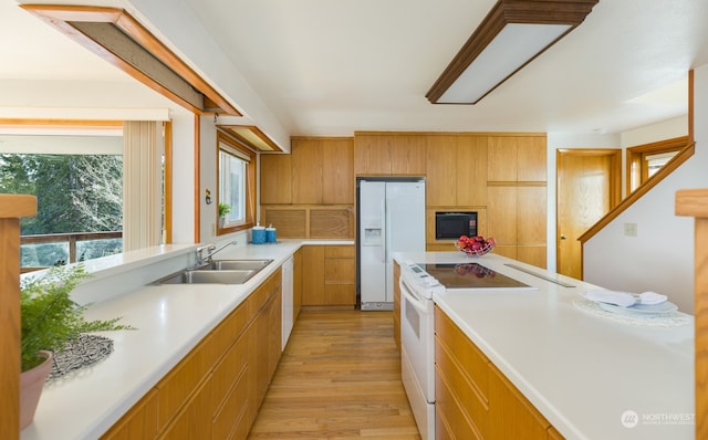 kitchen featuring light countertops, light wood-style flooring, a sink, modern cabinets, and white appliances