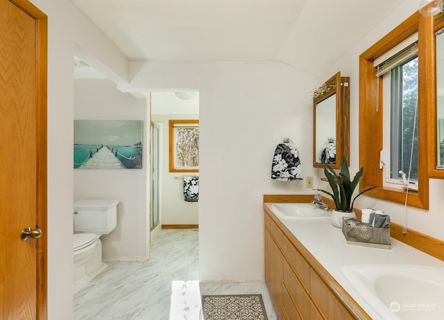 bathroom with double vanity, lofted ceiling, toilet, a sink, and a shower stall