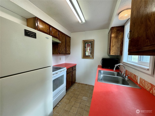 kitchen with sink, white appliances, light tile patterned floors, and dark brown cabinets