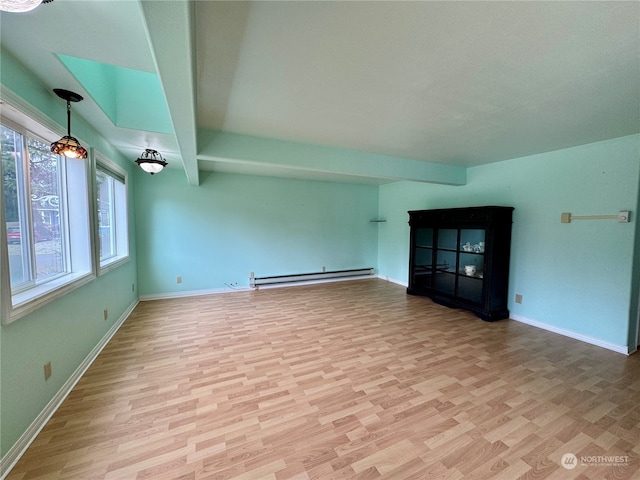 unfurnished living room with light hardwood / wood-style floors, beam ceiling, and a baseboard heating unit