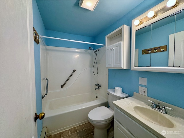 full bathroom featuring vanity, tile patterned flooring, shower / tub combination, toilet, and baseboard heating