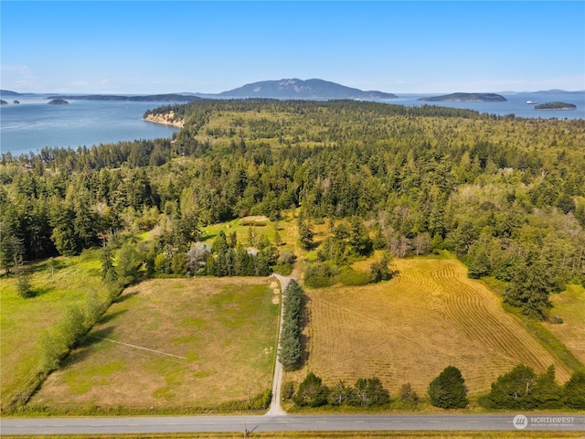 aerial view with a forest view and a water view