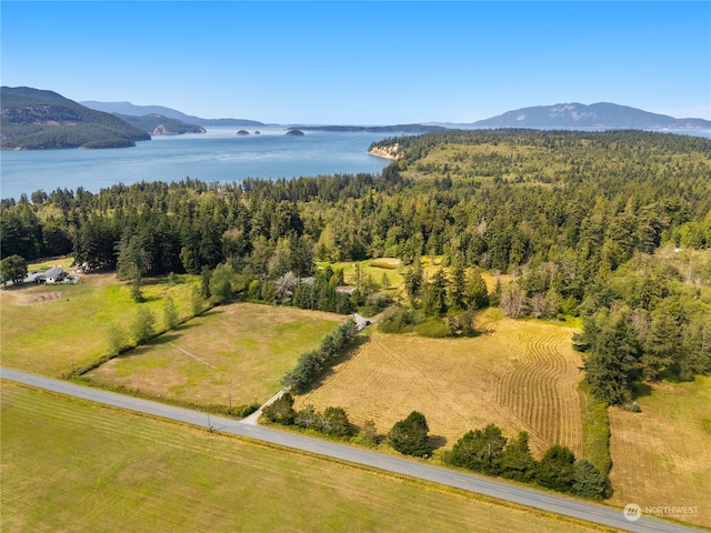 bird's eye view with a water and mountain view